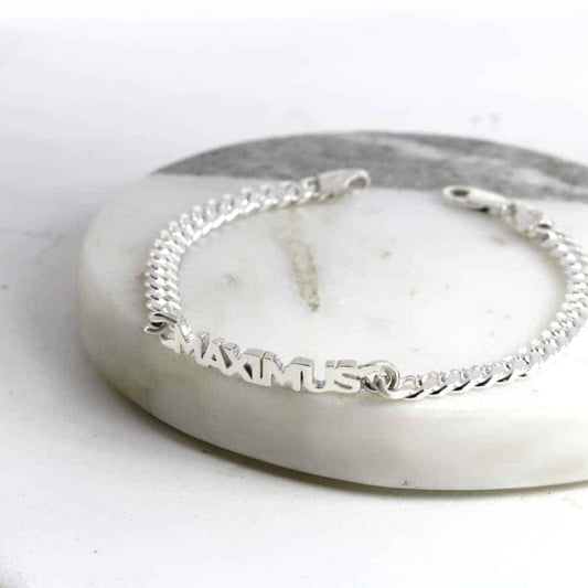 Personalized Hand Cut Name Bracelet in Sterling Silver with 5mm Link Chain