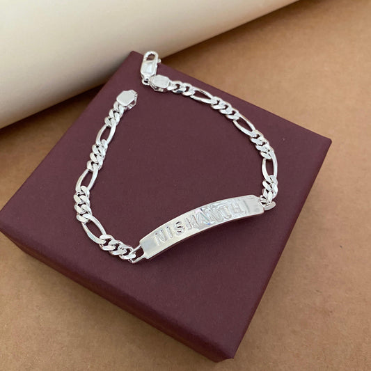 Personalized Hand Stamp 5mm Bar Bracelet in Figaro Chain in Sterling Silver